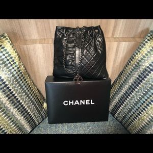 Aged Glazed Calfskin Quilted Drawstring Bag Black